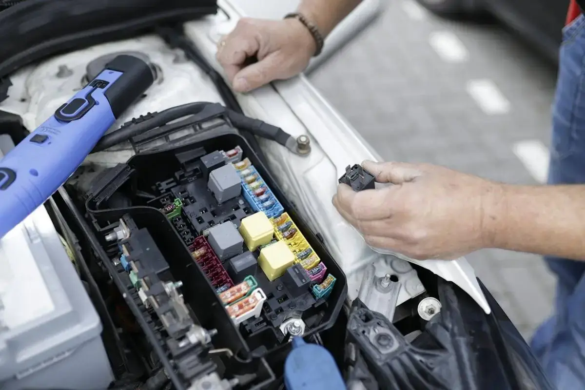 Mecánico revisando la caja de fusibles en el motor de un carro